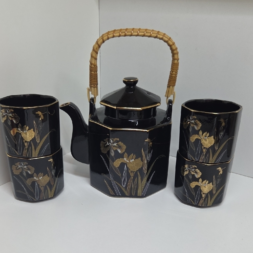 Vintage Black and Gold Floral Tea Set with Bamboo Handle